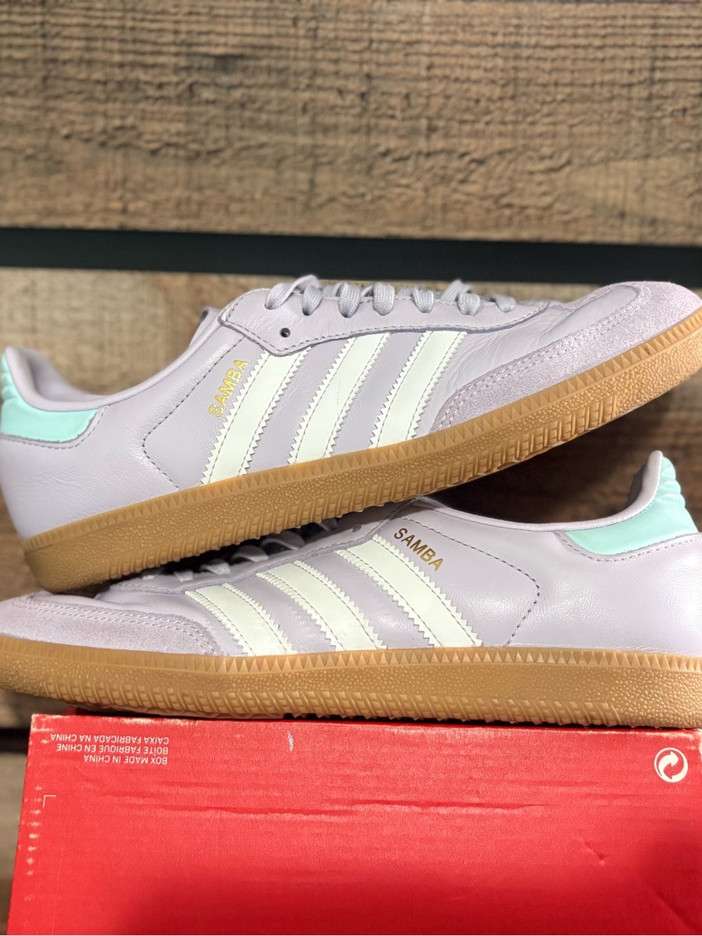 adidas Samba Sneakers in Lavender, white, teal & Gum 7youth, 8 women’s.